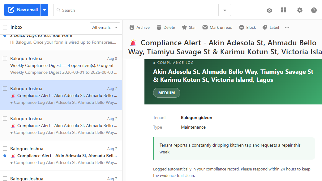 Real compliance alert email sent by Balos