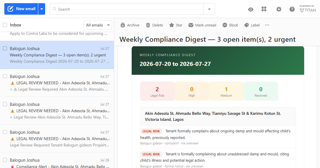 Weekly compliance digest email flagging legal risk items