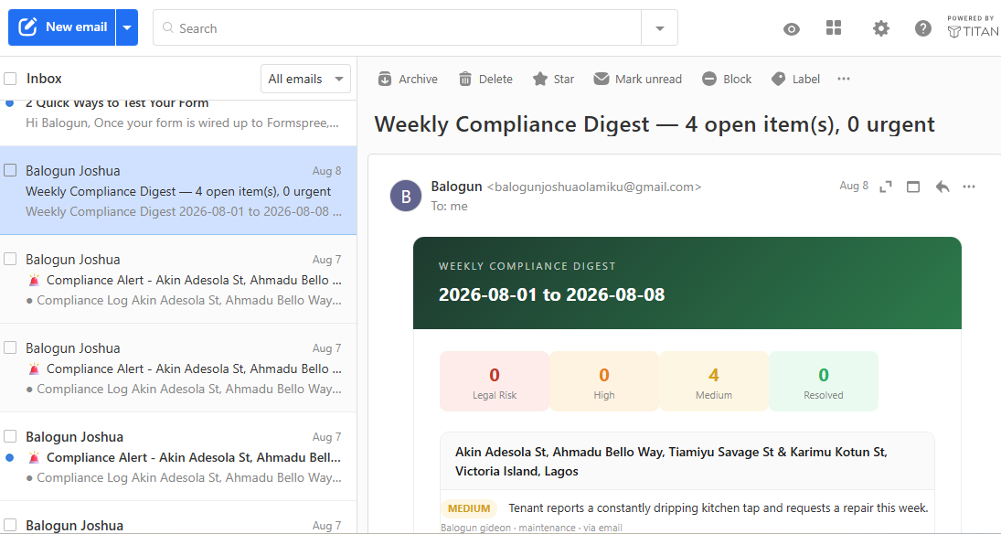 Weekly compliance digest email in an inbox
