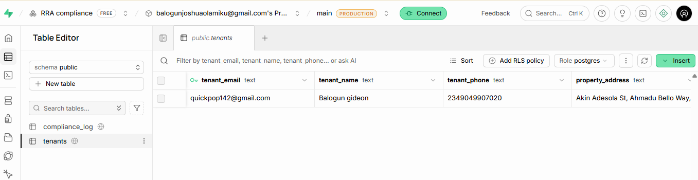 Balos tenant and property data stored in a structured database table